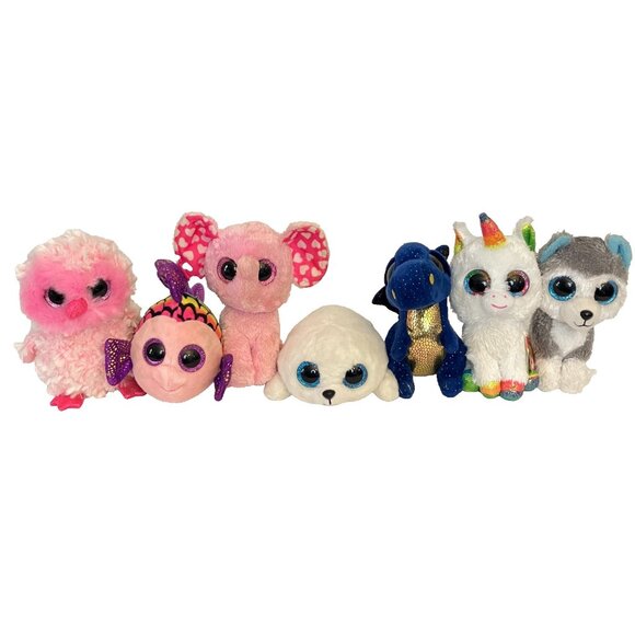Ty Beanie Boos Plush 6" Lot of 7 Seal Husky Unicorn Fish Owl Dragon Elephant - Picture 9 of 9